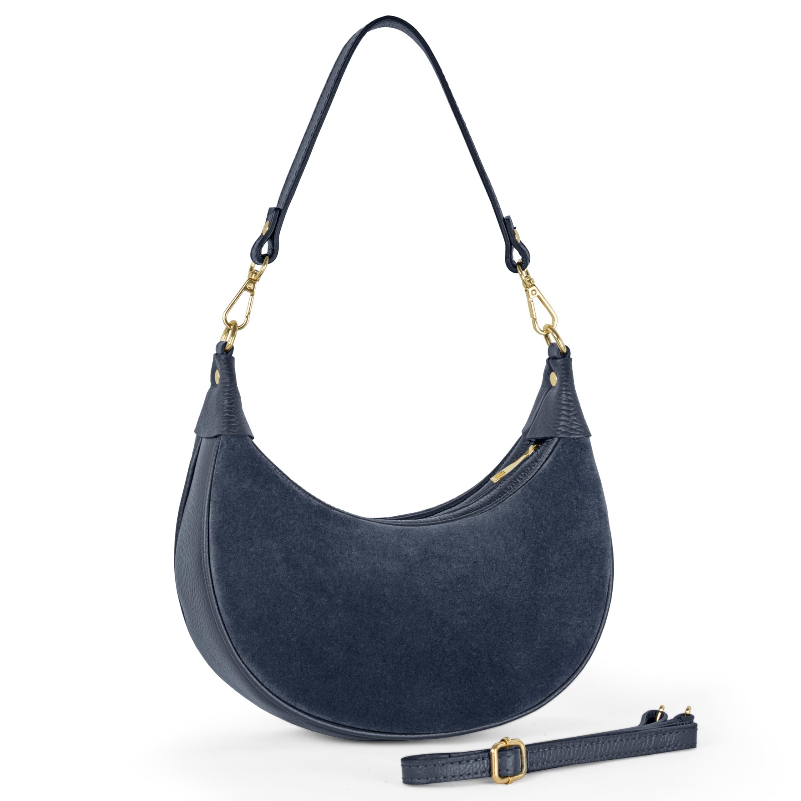 8398 Italian Genuine Suede Shoulder Bag , Crescent Saddle Style With Short